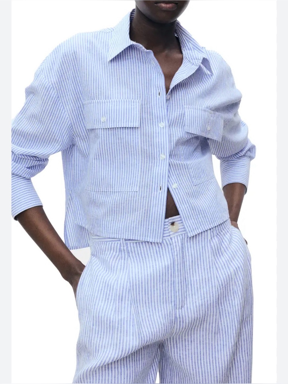 Mango | Cropped Fit Blue & White Linen/Cotton Button Down Shirt